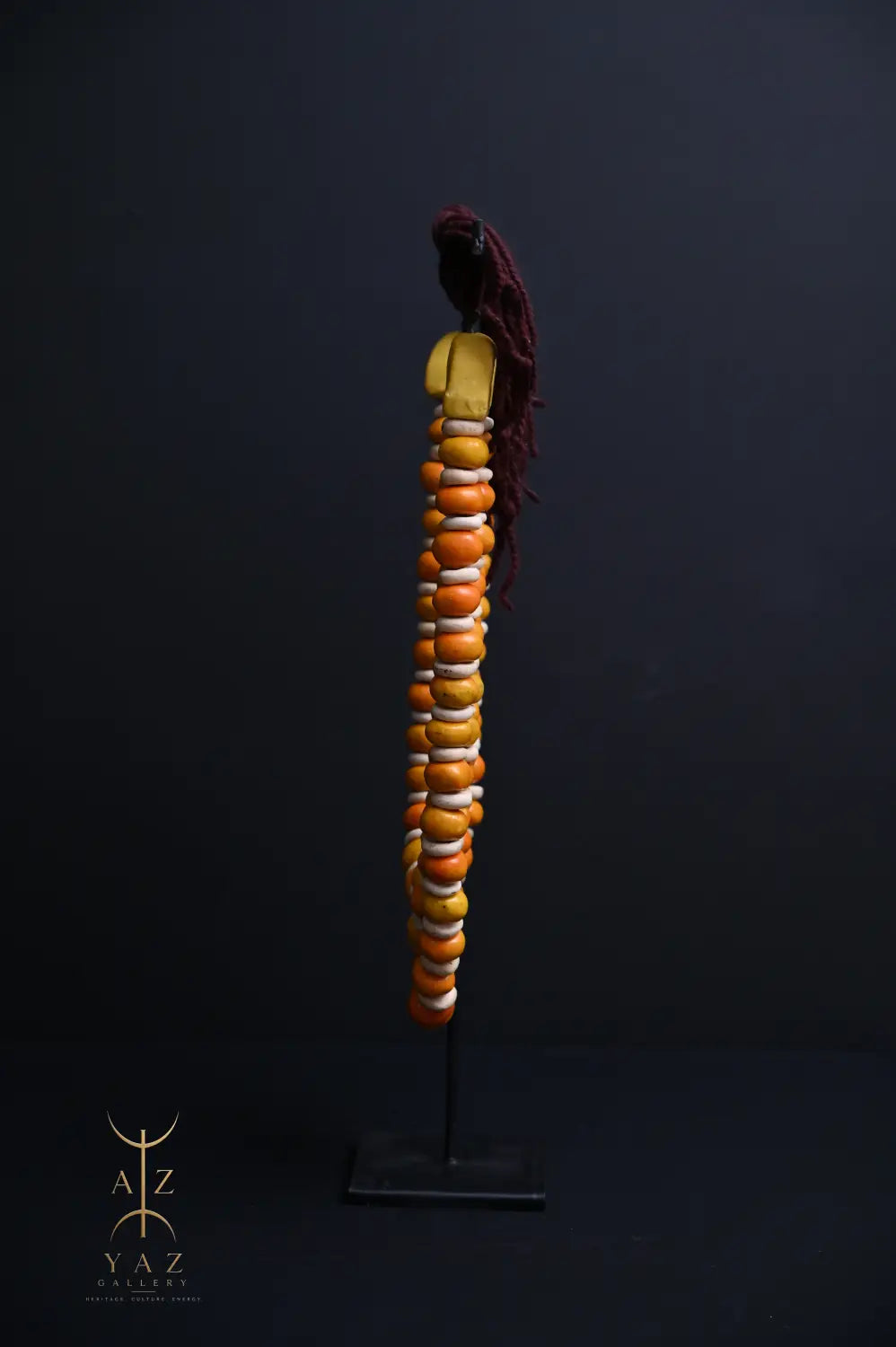 Golden Ivory Nomad Pendant Sculpture – Handmade Decorative Bead Art on Black Stand (62 x 34 cm)