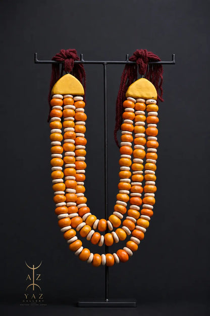 Golden Ivory Nomad Pendant Sculpture – Handmade Decorative Bead Art on Black Stand (62 x 34 cm)