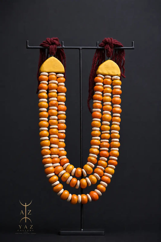 Golden Ivory Nomad Pendant Sculpture – Handmade Decorative Bead Art on Black Stand (62 x 34 cm)