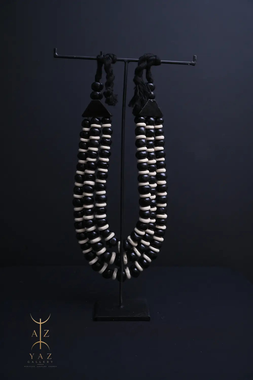 Midnight Contrast Pendant Sculpture – Black & White Beads with Black Rope on Black Stand (62 x 34 cm)