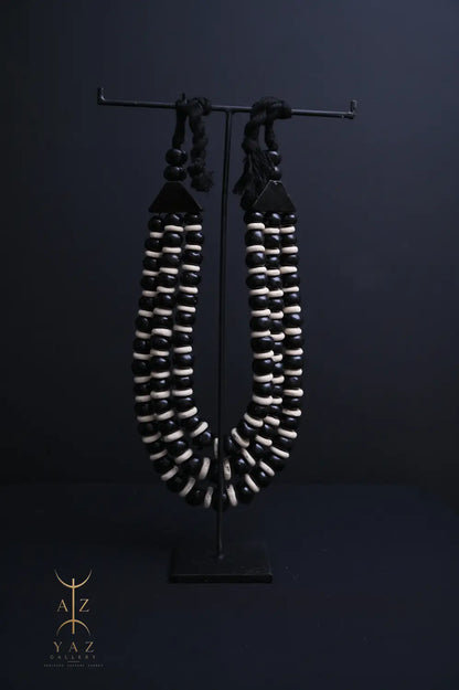 Midnight Contrast Pendant Sculpture – Black & White Beads with Black Rope on Black Stand (62 x 34 cm)