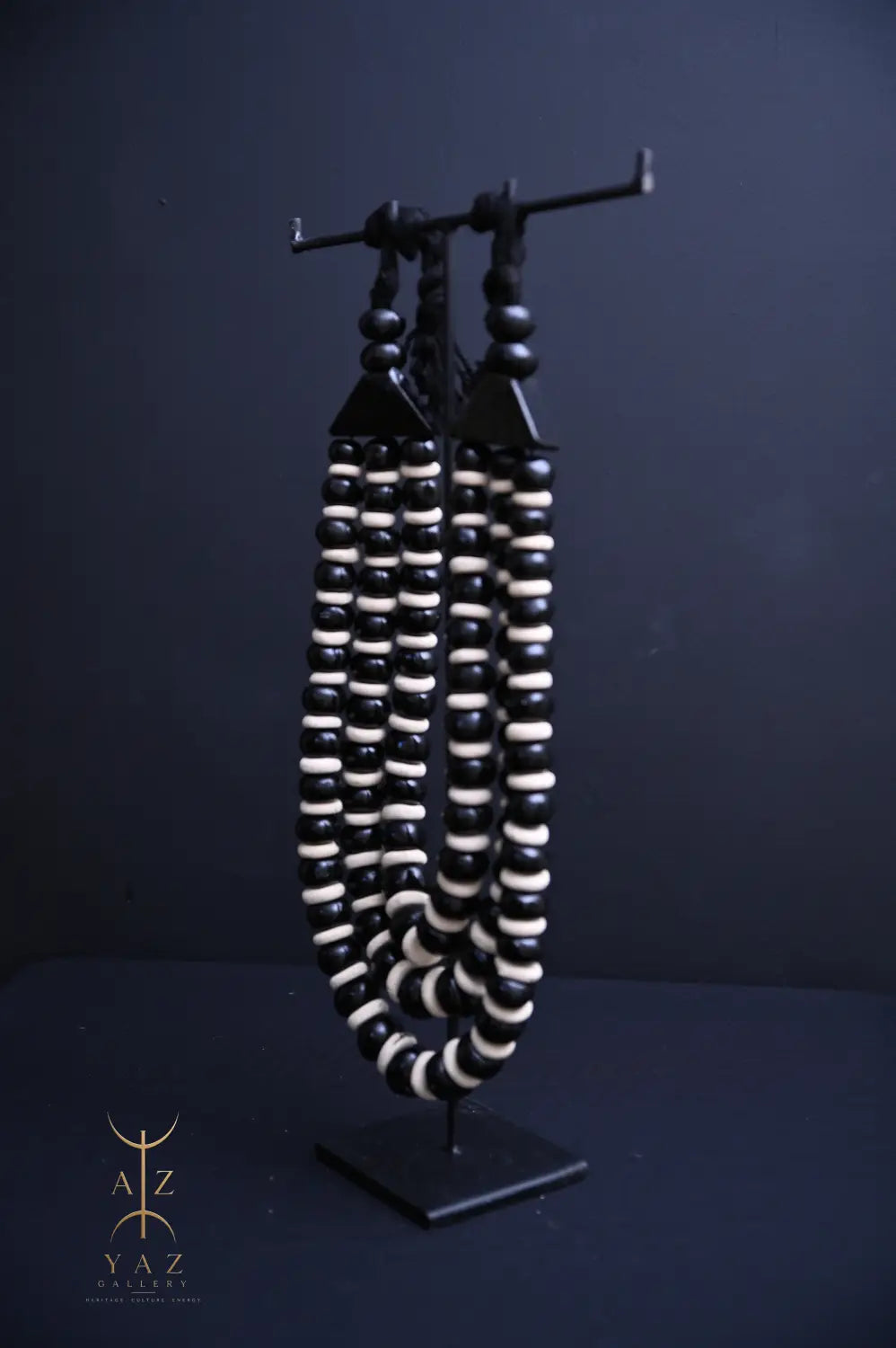 Midnight Contrast Pendant Sculpture – Black & White Beads with Black Rope on Black Stand (62 x 34 cm)
