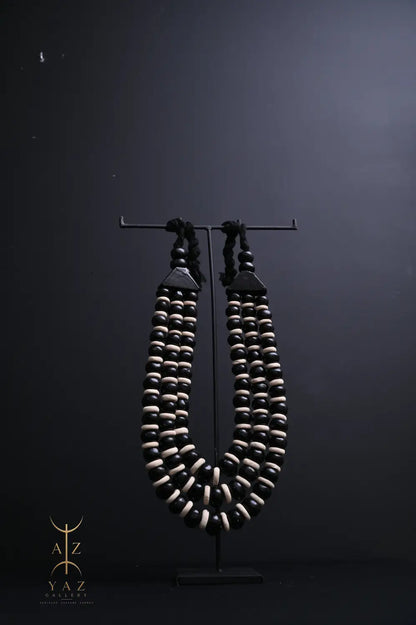 Midnight Contrast Pendant Sculpture – Black & White Beads with Black Rope on Black Stand (62 x 34 cm)