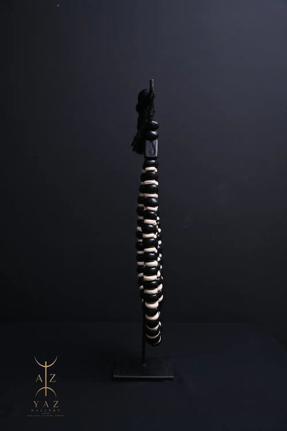 Midnight Contrast Pendant Sculpture – Black & White Beads with Black Rope on Black Stand (62 x 34 cm)