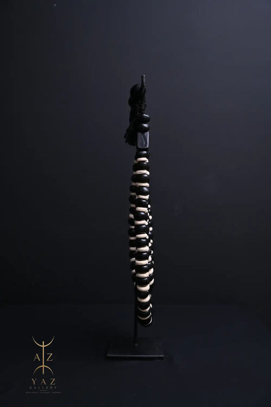 Midnight Contrast Pendant Sculpture – Black & White Beads with Black Rope on Black Stand (62 x 34 cm)