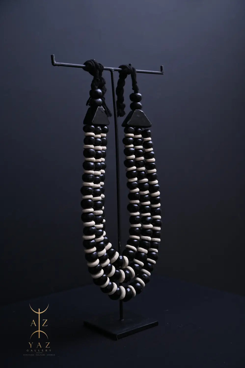 Midnight Contrast Pendant Sculpture – Black & White Beads with Black Rope on Black Stand (62 x 34 cm)