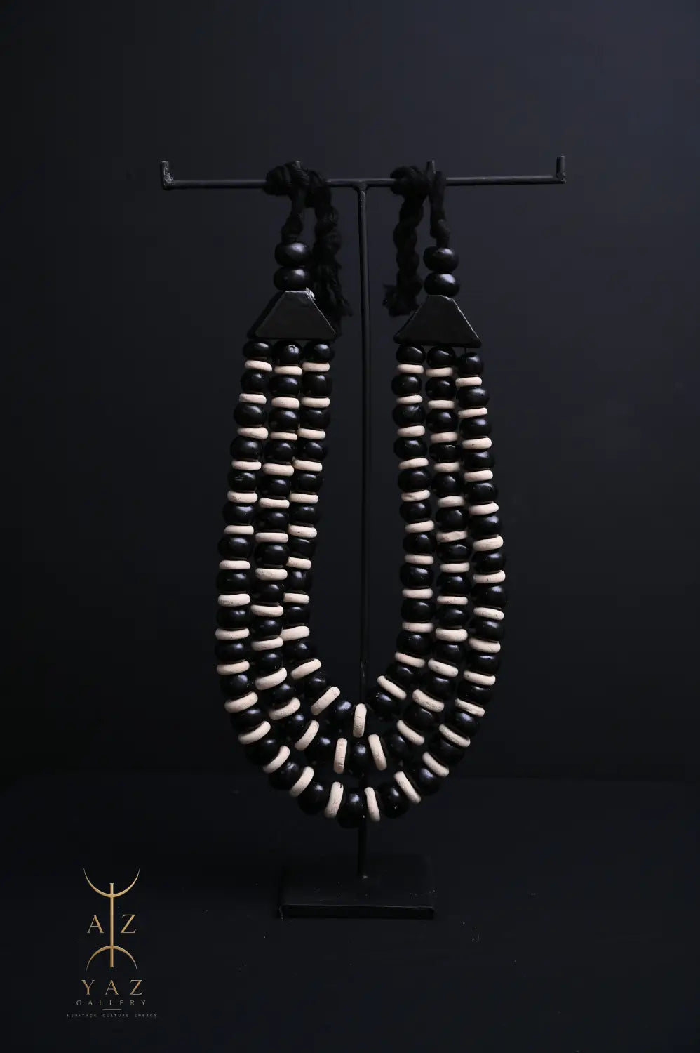Midnight Contrast Pendant Sculpture – Black & White Beads with Black Rope on Black Stand (62 x 34 cm)