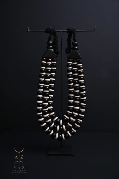 Midnight Contrast Pendant Sculpture – Black & White Beads with Black Rope on Black Stand (62 x 34 cm)