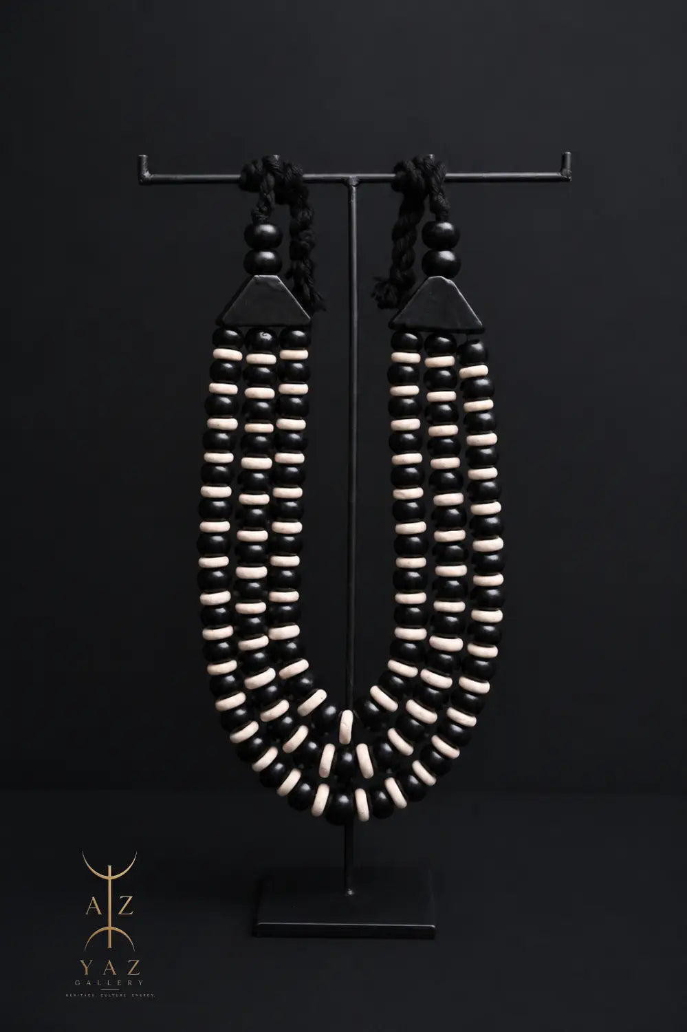 Midnight Contrast Pendant Sculpture – Black & White Beads with Black Rope on Black Stand (62 x 34 cm)