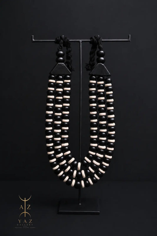 Midnight Contrast Pendant Sculpture – Black & White Beads with Black Rope on Black Stand (62 x 34 cm)