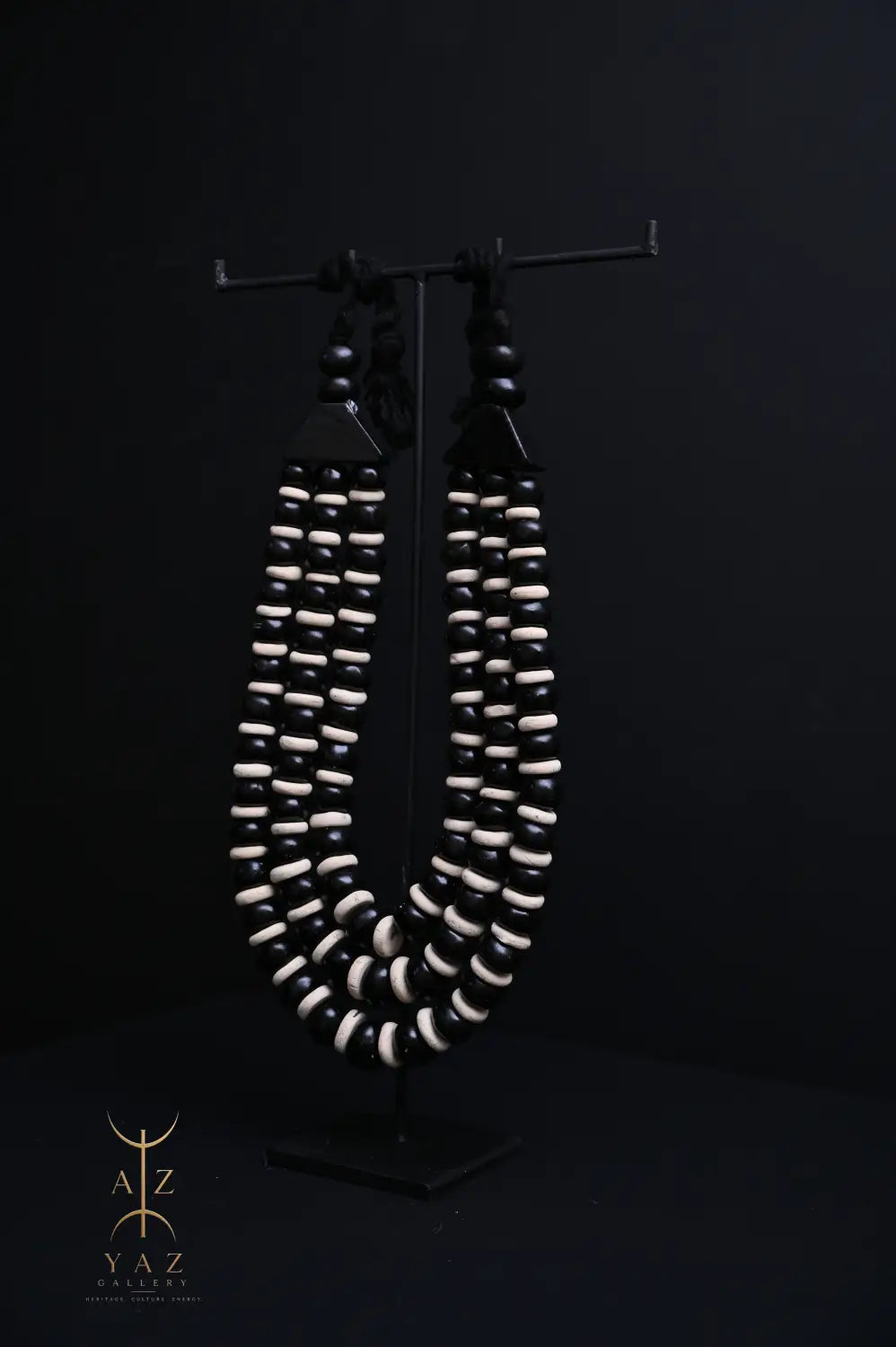 Midnight Contrast Pendant Sculpture – Black & White Beads with Black Rope on Black Stand (62 x 34 cm)