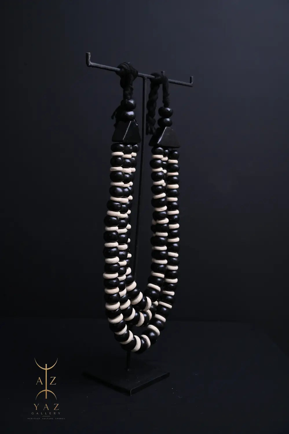 Midnight Contrast Pendant Sculpture – Black & White Beads with Black Rope on Black Stand (62 x 34 cm)