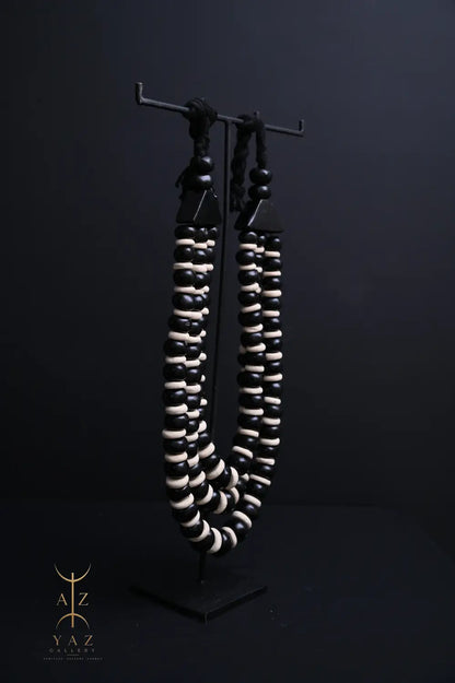 Midnight Contrast Pendant Sculpture – Black & White Beads with Black Rope on Black Stand (62 x 34 cm)