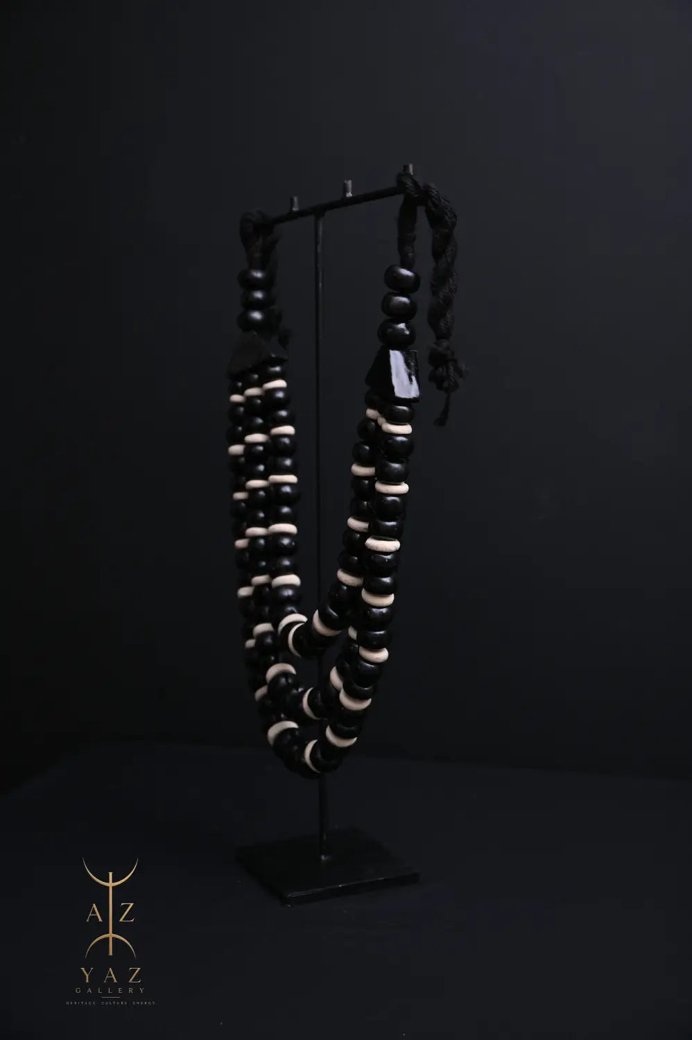 Midnight Contrast Pendant Sculpture – Handcrafted Black & Ivory Beaded Art on Black Stand (62 x 34 cm)