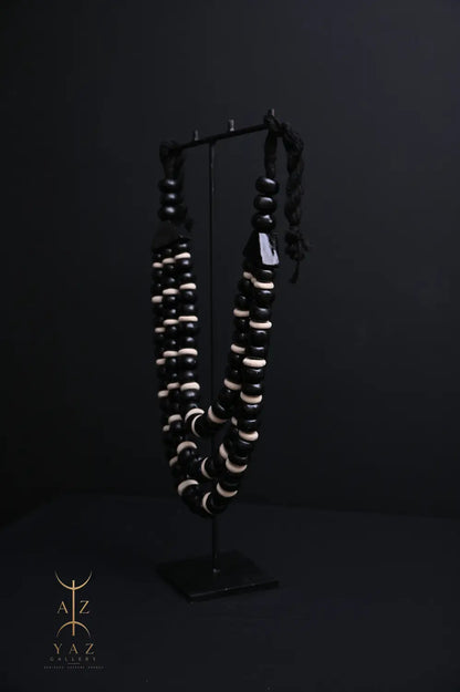 Midnight Contrast Pendant Sculpture – Handcrafted Black & Ivory Beaded Art on Black Stand (62 x 34 cm)