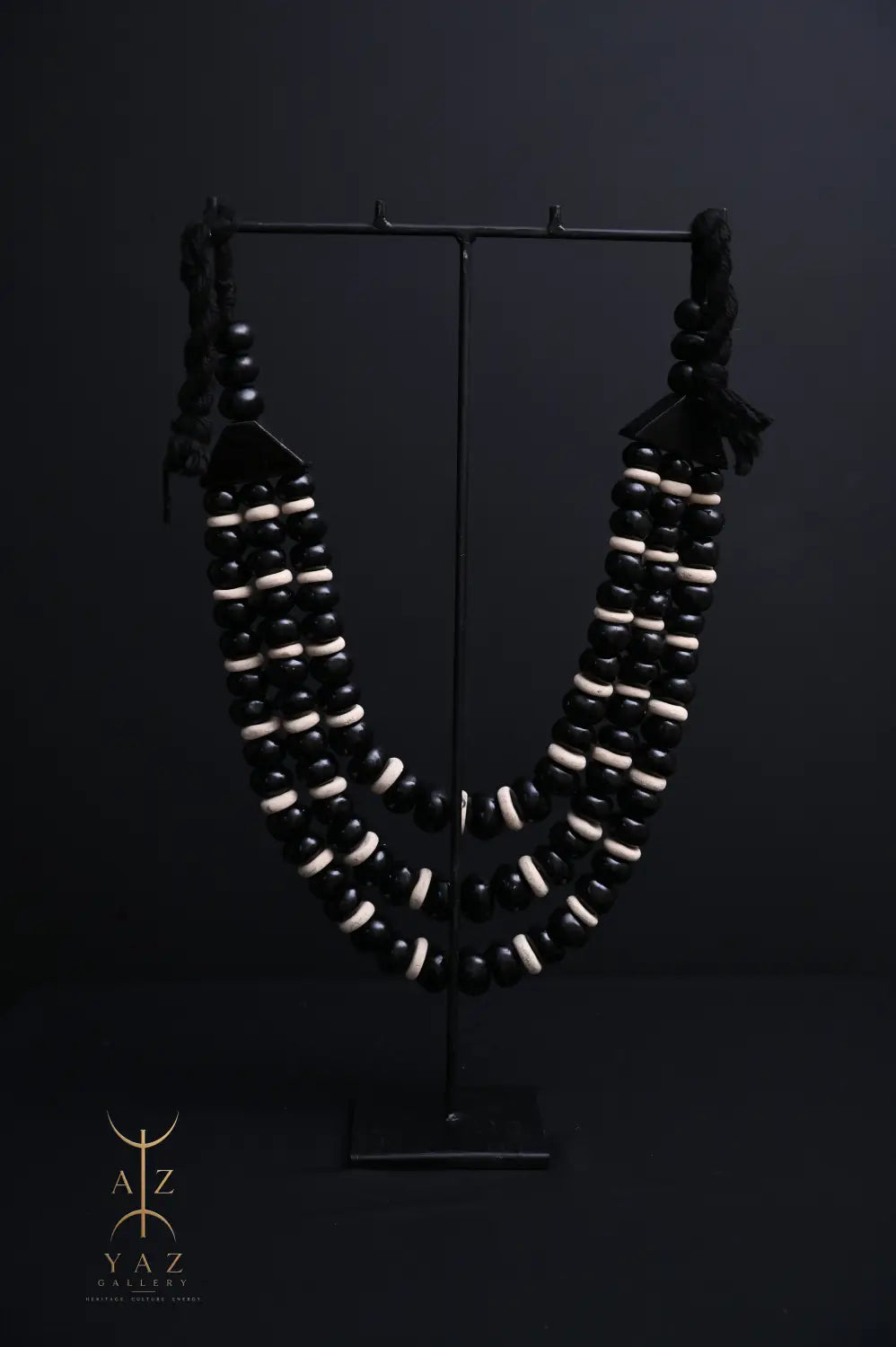 Midnight Contrast Pendant Sculpture – Handcrafted Black & Ivory Beaded Art on Black Stand (62 x 34 cm)
