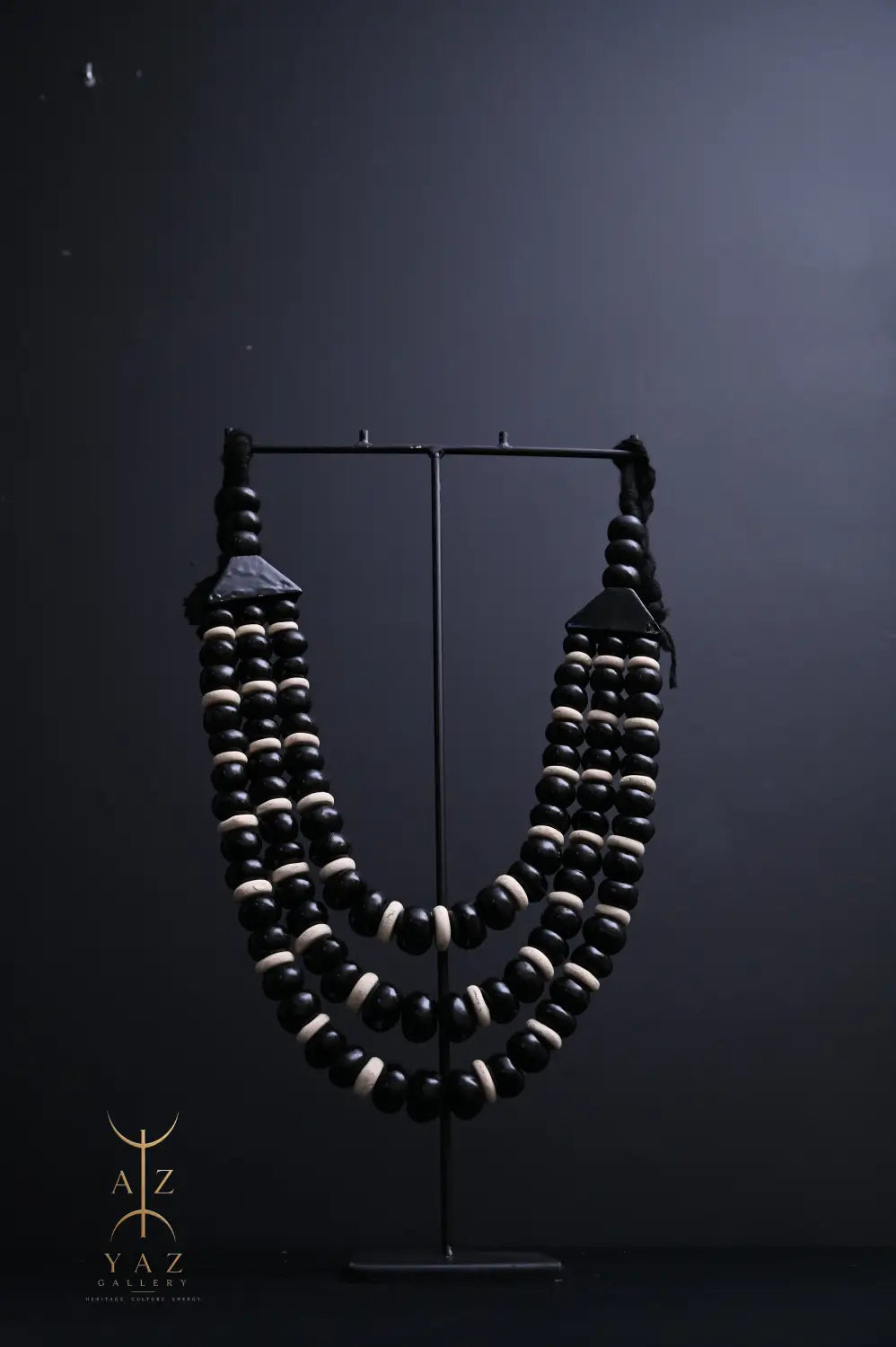 Midnight Contrast Pendant Sculpture – Handcrafted Black & Ivory Beaded Art on Black Stand (62 x 34 cm)