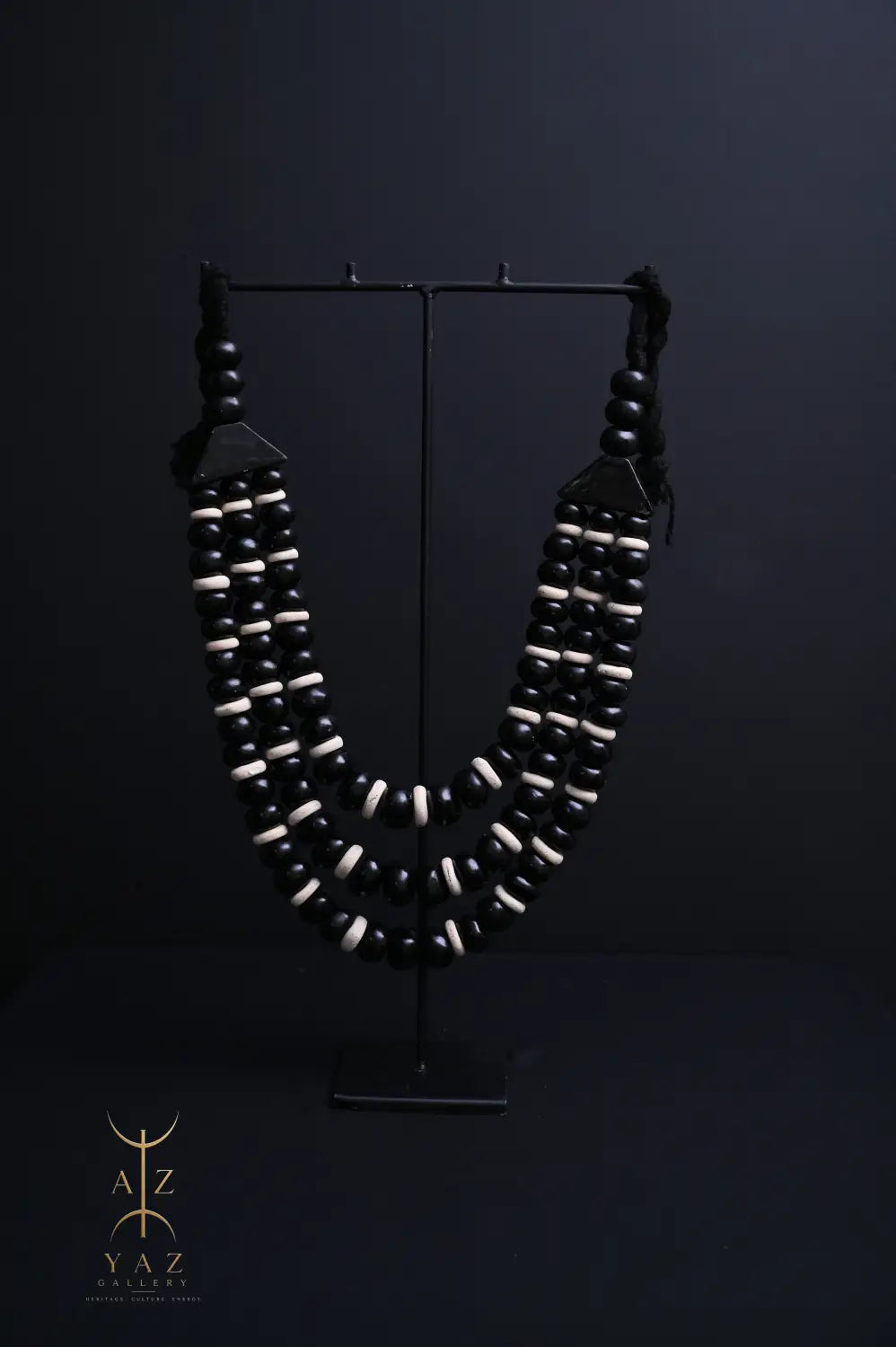 Midnight Contrast Pendant Sculpture – Handcrafted Black & Ivory Beaded Art on Black Stand (62 x 34 cm)
