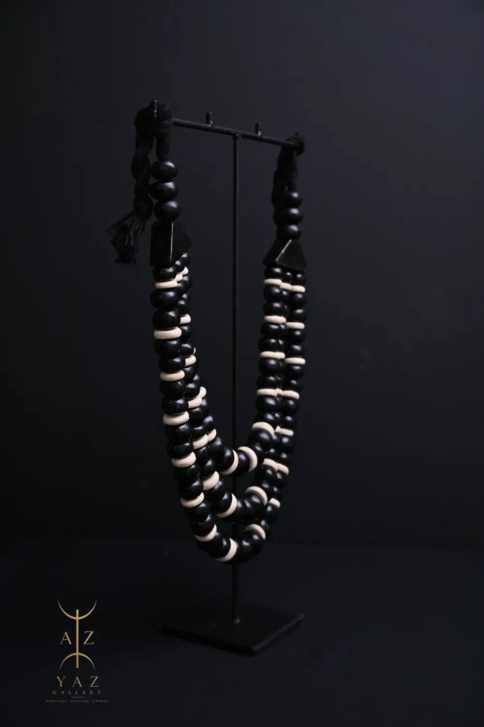 Midnight Contrast Pendant Sculpture – Handcrafted Black & Ivory Beaded Art on Black Stand (62 x 34 cm)