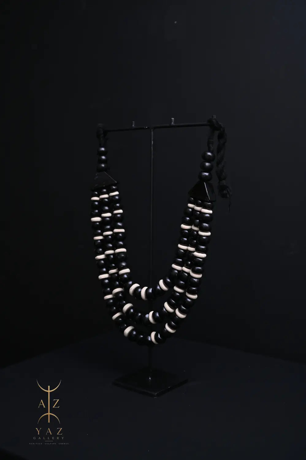 Midnight Contrast Pendant Sculpture – Handcrafted Black & Ivory Beaded Art on Black Stand (62 x 34 cm)