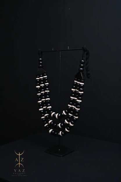 Midnight Contrast Pendant Sculpture – Handcrafted Black & Ivory Beaded Art on Black Stand (62 x 34 cm)