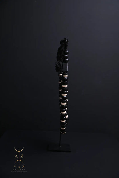 Midnight Contrast Pendant Sculpture – Handcrafted Black & Ivory Beaded Art on Black Stand (62 x 34 cm)