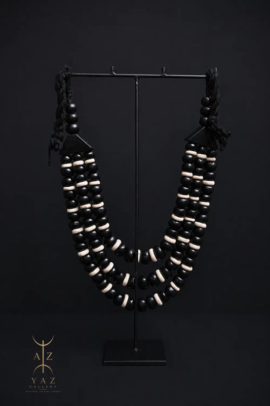 Midnight Contrast Pendant Sculpture – Handcrafted Black & Ivory Beaded Art on Black Stand (62 x 34 cm)
