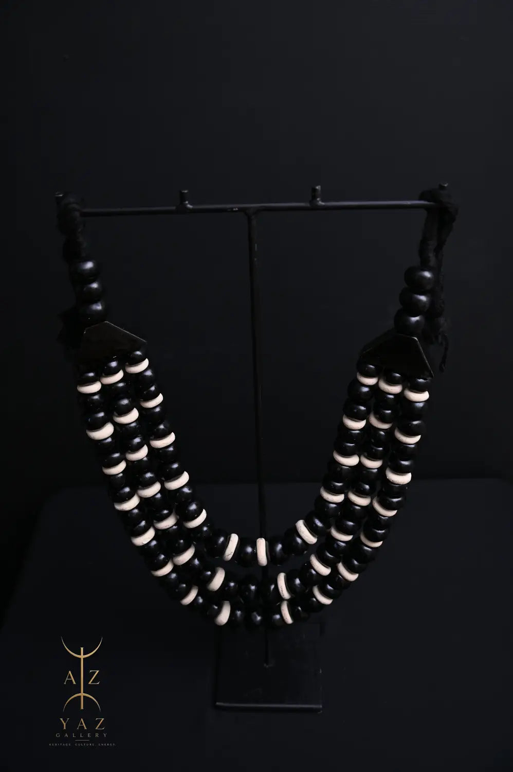 Midnight Contrast Pendant Sculpture – Handcrafted Black & Ivory Beaded Art on Black Stand (62 x 34 cm)