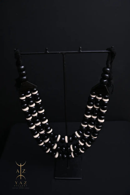 Midnight Contrast Pendant Sculpture – Handcrafted Black & Ivory Beaded Art on Black Stand (62 x 34 cm)