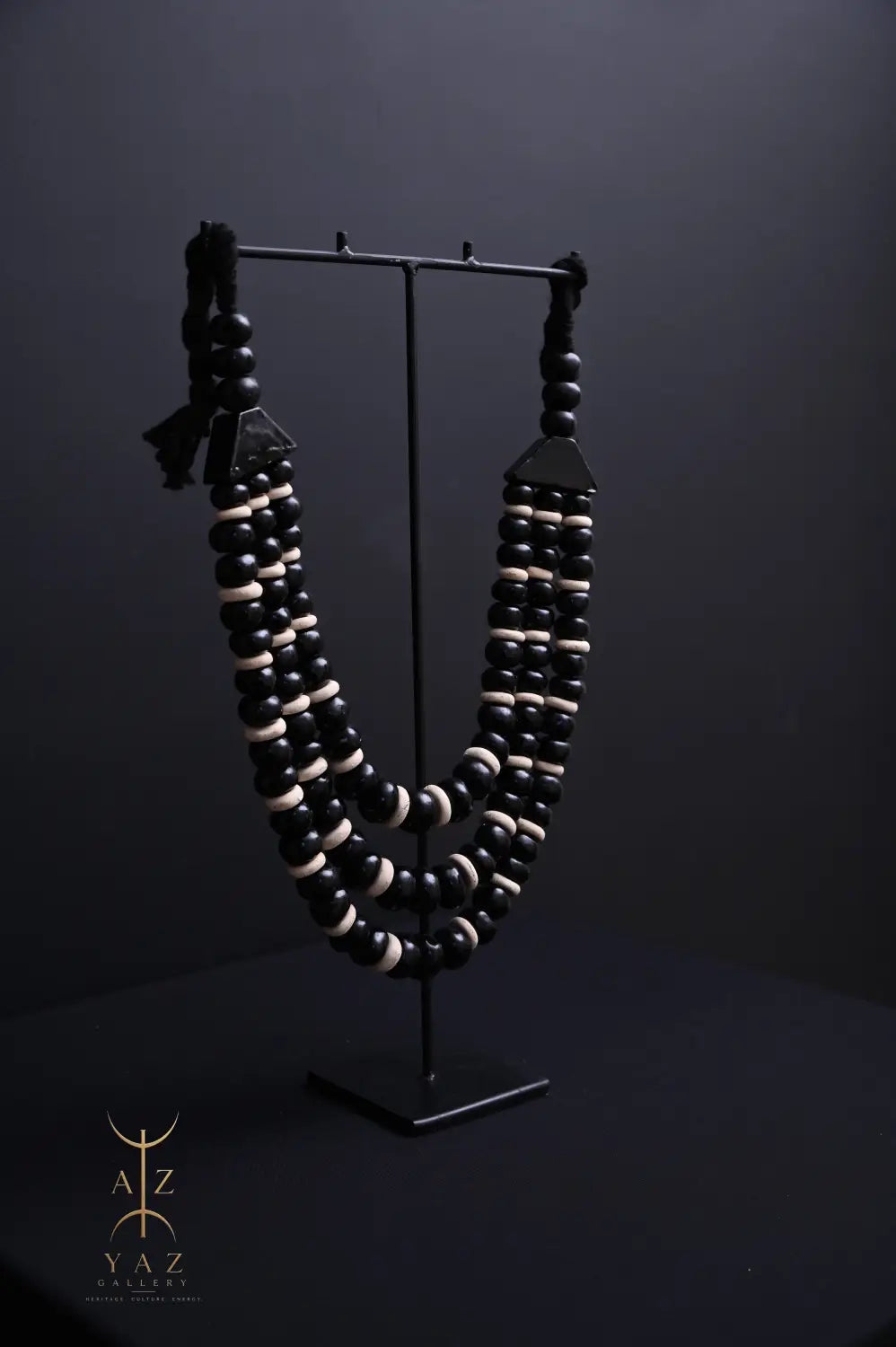 Midnight Contrast Pendant Sculpture – Handcrafted Black & Ivory Beaded Art on Black Stand (62 x 34 cm)