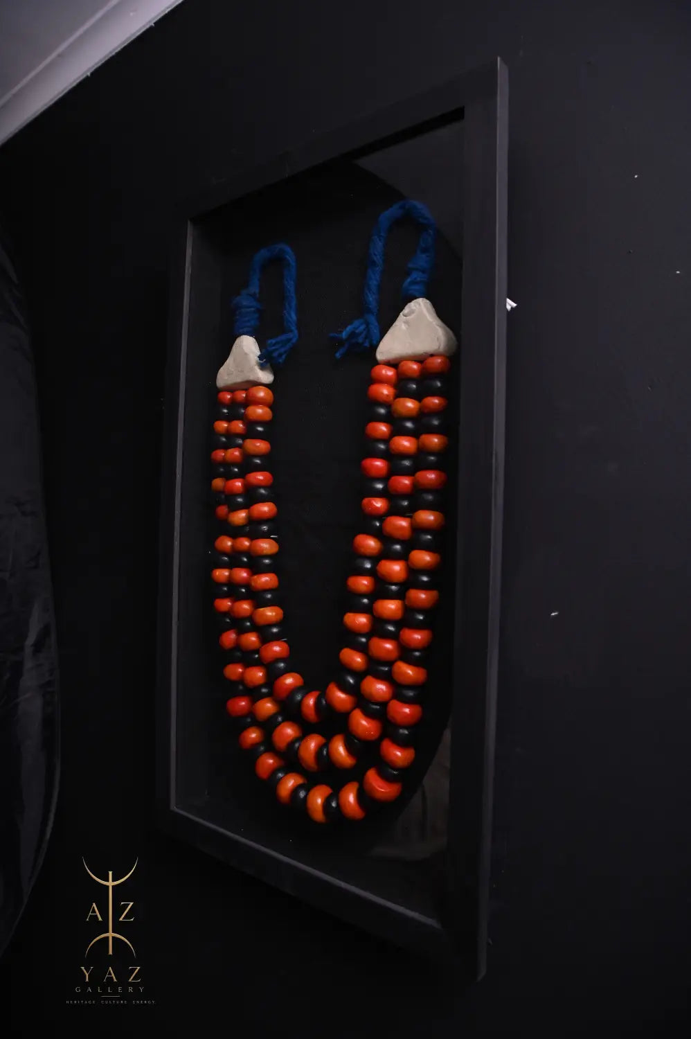 Midnight Ember Wall Art – Handmade Black Orange & Red Beaded Frame with Royal Blue Rope | 70 x 40 cm