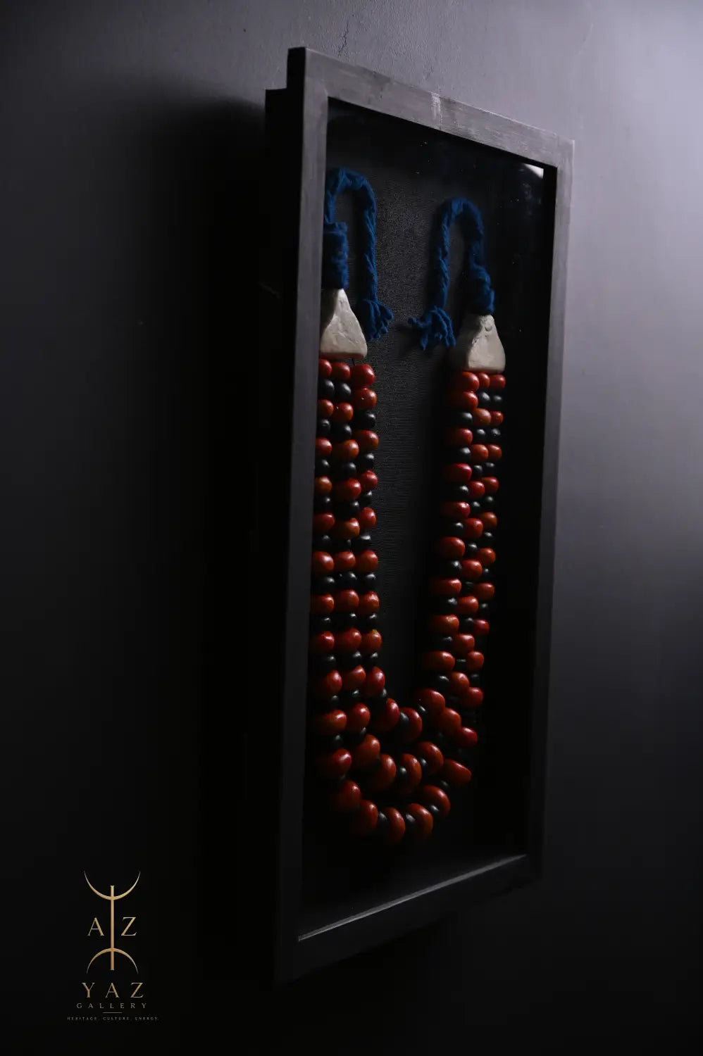 Midnight Ember Wall Art – Handmade Black Orange & Red Beaded Frame with Royal Blue Rope | 70 x 40 cm