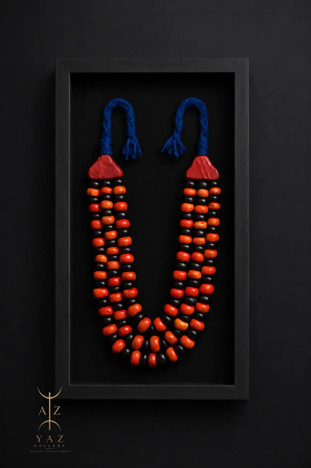 Midnight Ember Wall Art – Handmade Black Orange & Red Beaded Frame with Royal Blue Rope | 70 x 40 cm