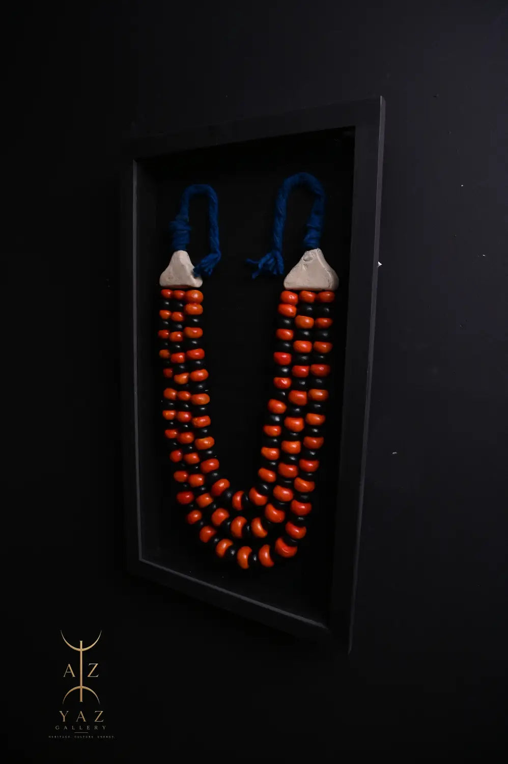 Midnight Ember Wall Art – Handmade Black Orange & Red Beaded Frame with Royal Blue Rope | 70 x 40 cm