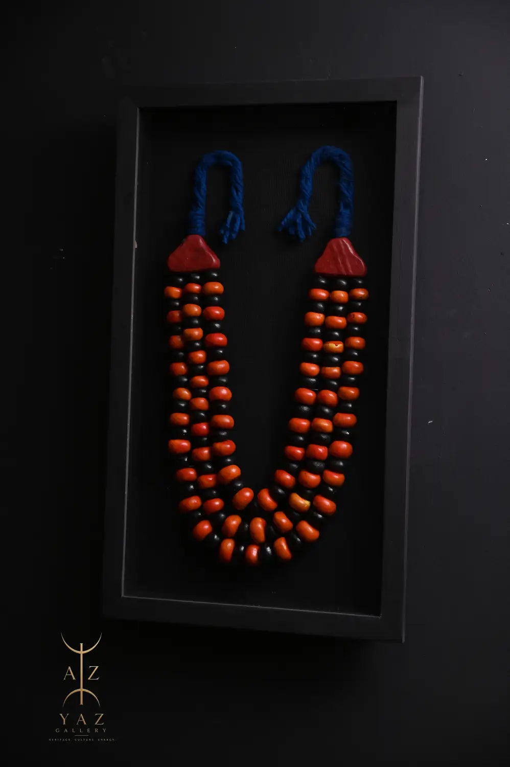 Midnight Ember Wall Art – Handmade Black Orange & Red Beaded Frame with Royal Blue Rope | 70 x 40 cm