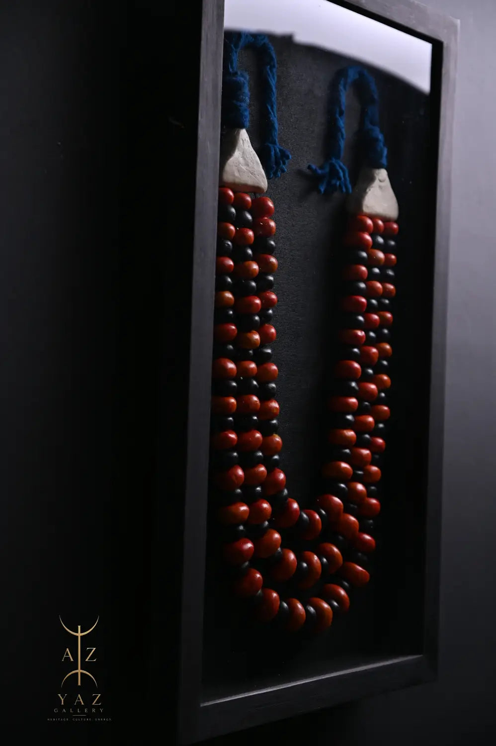 Midnight Ember Wall Art – Handmade Black Orange & Red Beaded Frame with Royal Blue Rope | 70 x 40 cm