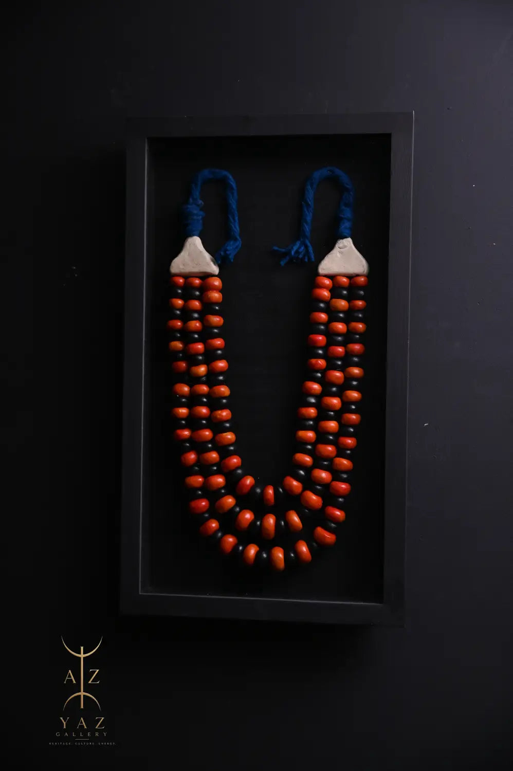 Midnight Ember Wall Art – Handmade Black Orange & Red Beaded Frame with Royal Blue Rope | 70 x 40 cm
