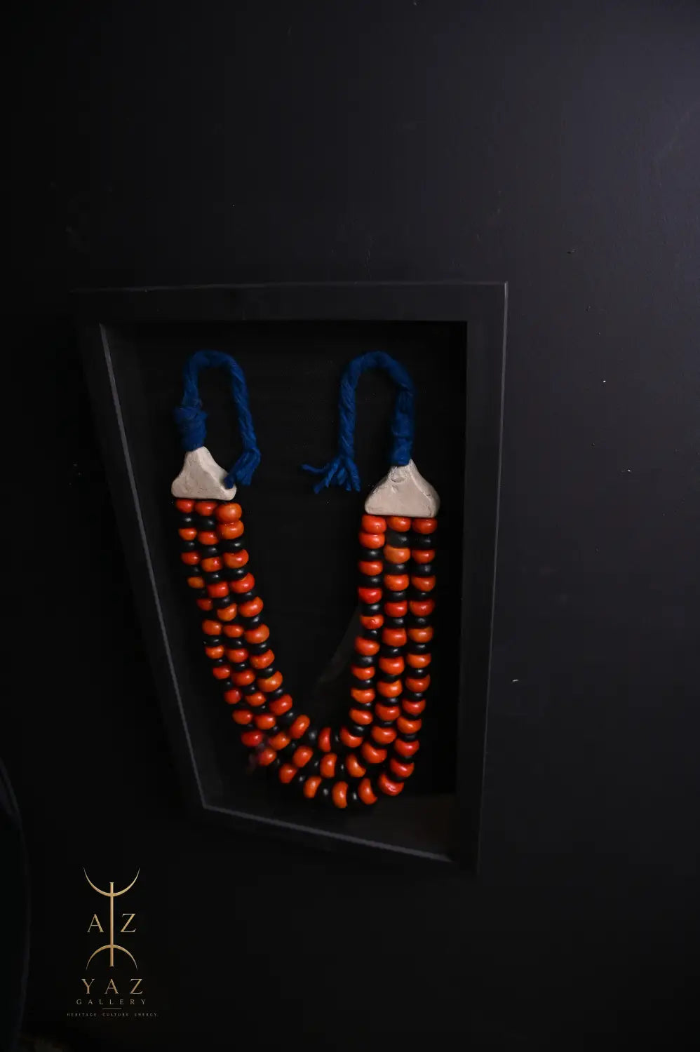 Midnight Ember Wall Art – Handmade Black Orange & Red Beaded Frame with Royal Blue Rope | 70 x 40 cm