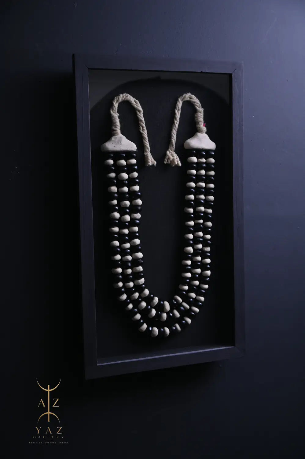 Monochrome Elegance Wall Art – Handmade Black & Ivory Beaded Frame with Natural Ivory Rope | 70 x 40 cm
