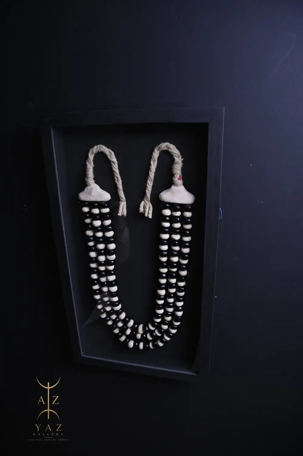 Monochrome Elegance Wall Art – Handmade Black & Ivory Beaded Frame with Natural Ivory Rope | 70 x 40 cm