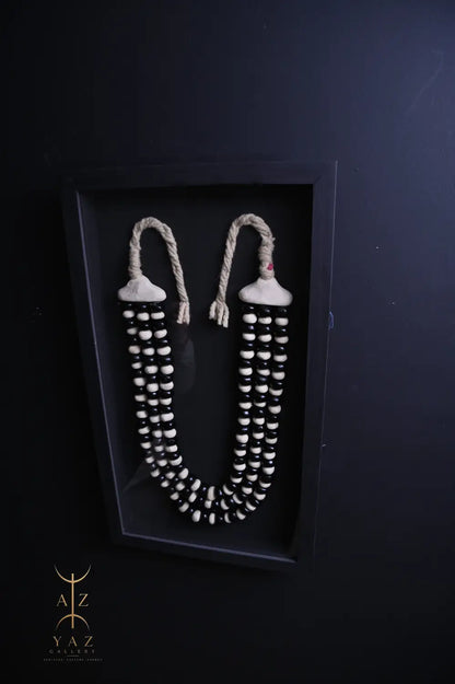 Monochrome Elegance Wall Art – Handmade Black & Ivory Beaded Frame with Natural Ivory Rope | 70 x 40 cm