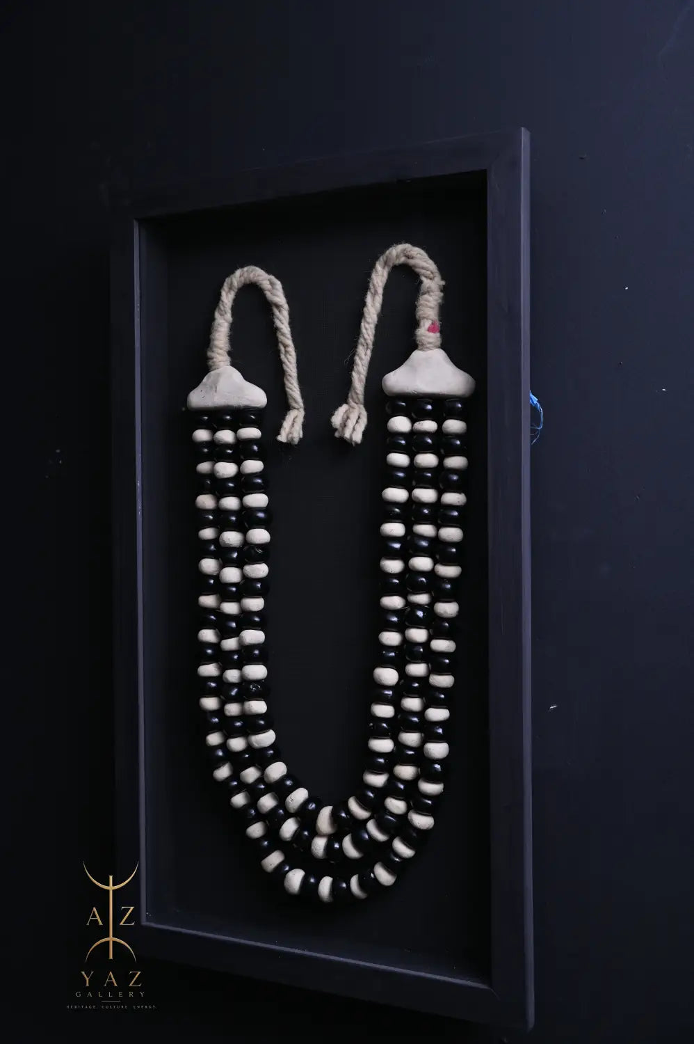 Monochrome Elegance Wall Art – Handmade Black & Ivory Beaded Frame with Natural Ivory Rope | 70 x 40 cm