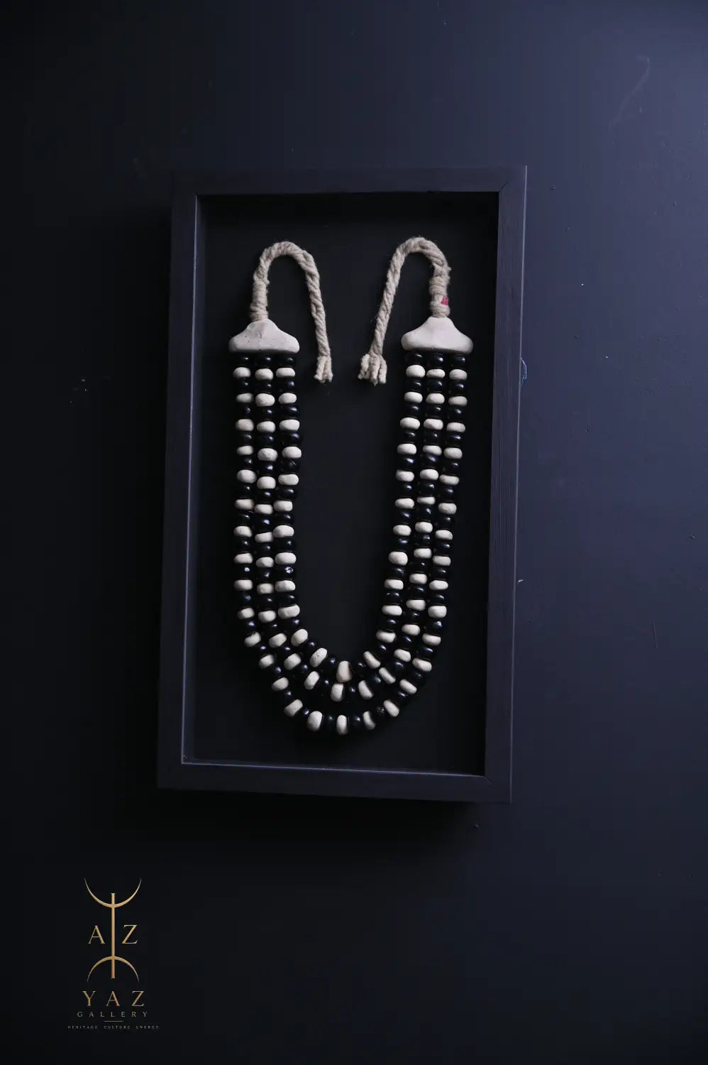 Monochrome Elegance Wall Art – Handmade Black & Ivory Beaded Frame with Natural Ivory Rope | 70 x 40 cm