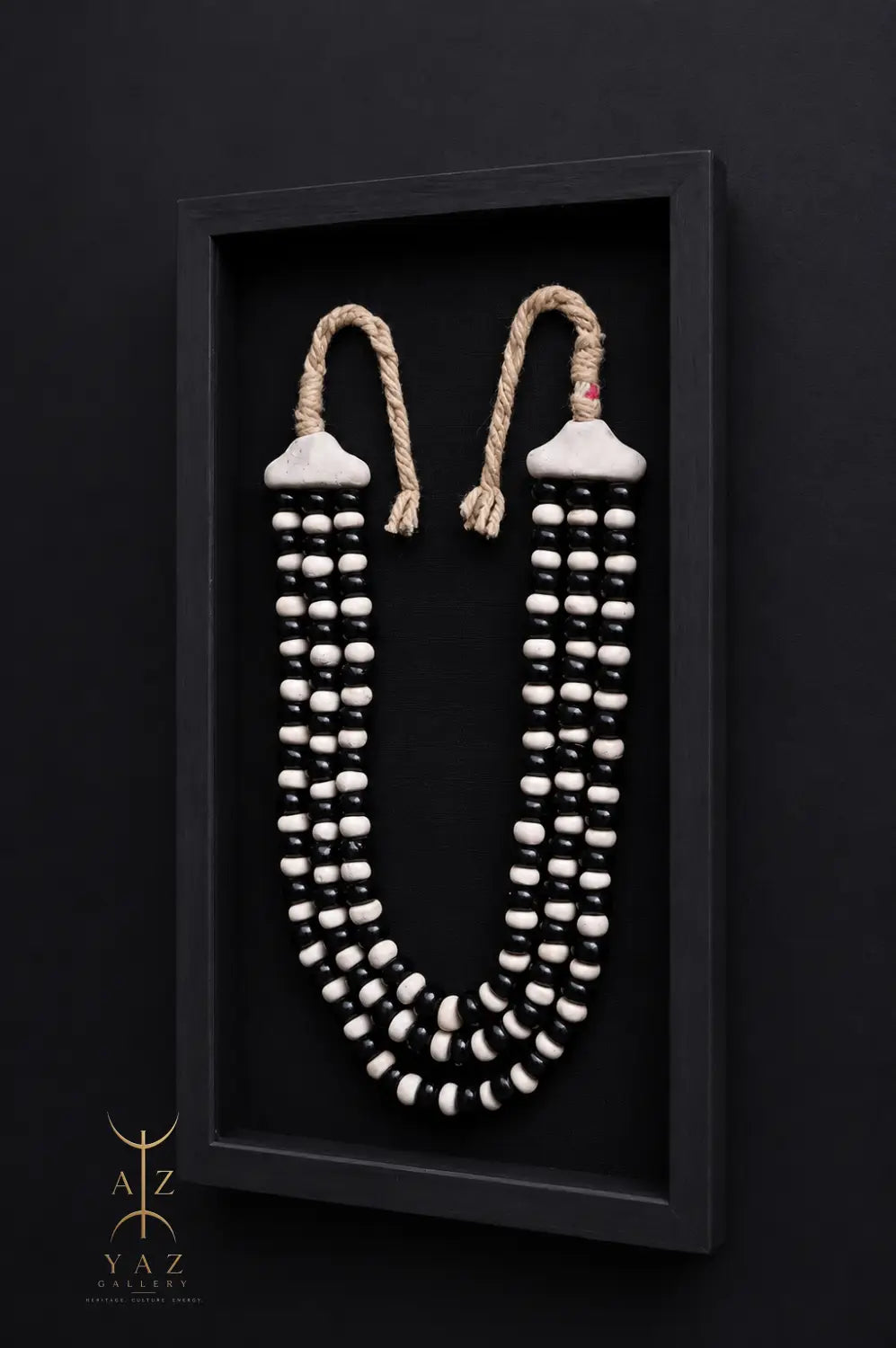 Monochrome Elegance Wall Art – Handmade Black & Ivory Beaded Frame with Natural Ivory Rope | 70 x 40 cm