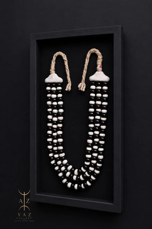 Monochrome Elegance Wall Art – Handmade Black & Ivory Beaded Frame with Natural Ivory Rope | 70 x 40 cm