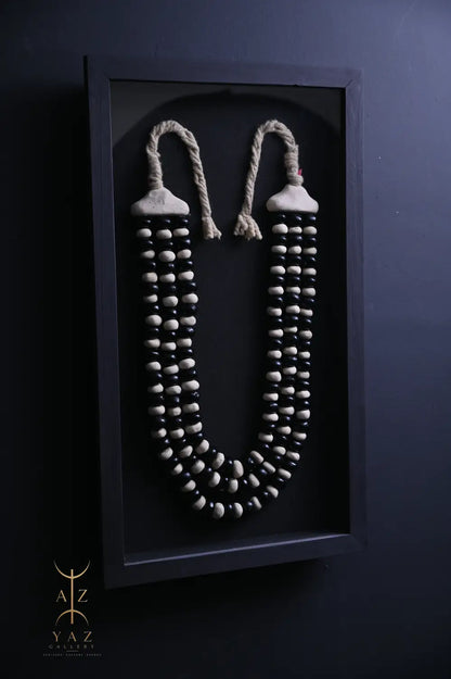 Monochrome Elegance Wall Art – Handmade Black & Ivory Beaded Frame with Natural Ivory Rope | 70 x 40 cm