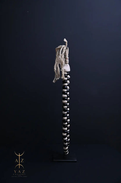 Monochrome Heritage Pendant Sculpture – Ivory & Black Beads with Ivory Rope on Black Stand (62 × 34 cm)