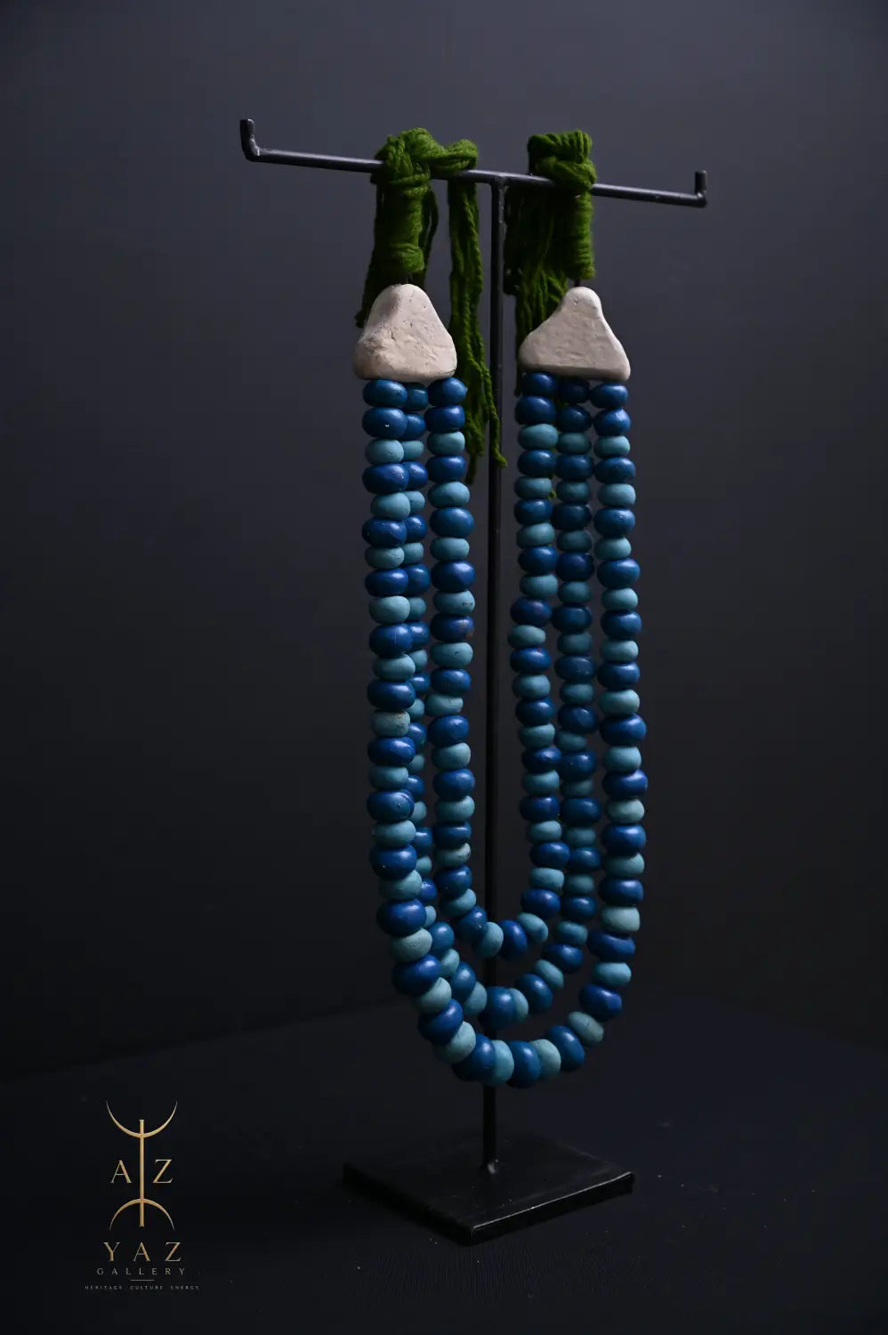 Ocean Depth Pendant Sculpture – Blue & Deep Blue Beads with Green Rope on Black Stand (62 x 34 cm)