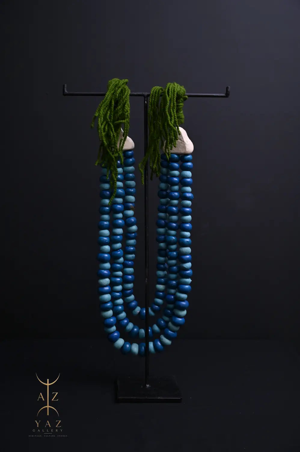 Ocean Depth Pendant Sculpture – Blue & Deep Blue Beads with Green Rope on Black Stand (62 x 34 cm)
