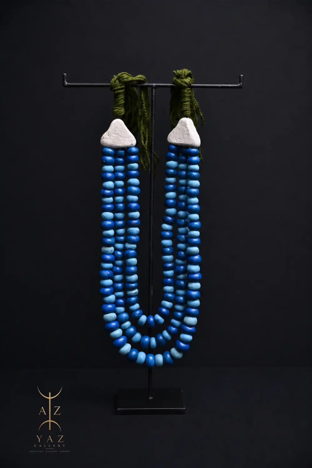 Ocean Depth Pendant Sculpture – Blue & Deep Blue Beads with Green Rope on Black Stand (62 x 34 cm)